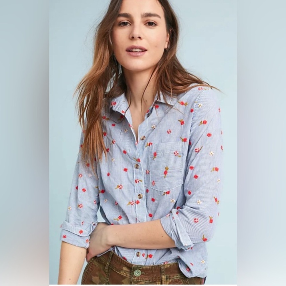 Maeve Anthropologie floral embroidery long sleeve button-down shirt stripe small